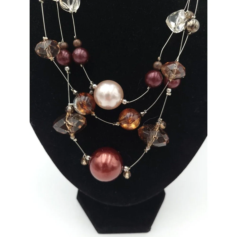 Chico's 3 Strand Wire Silver Tone Bronze Brown Beige‎ Floating Bead Necklace 21